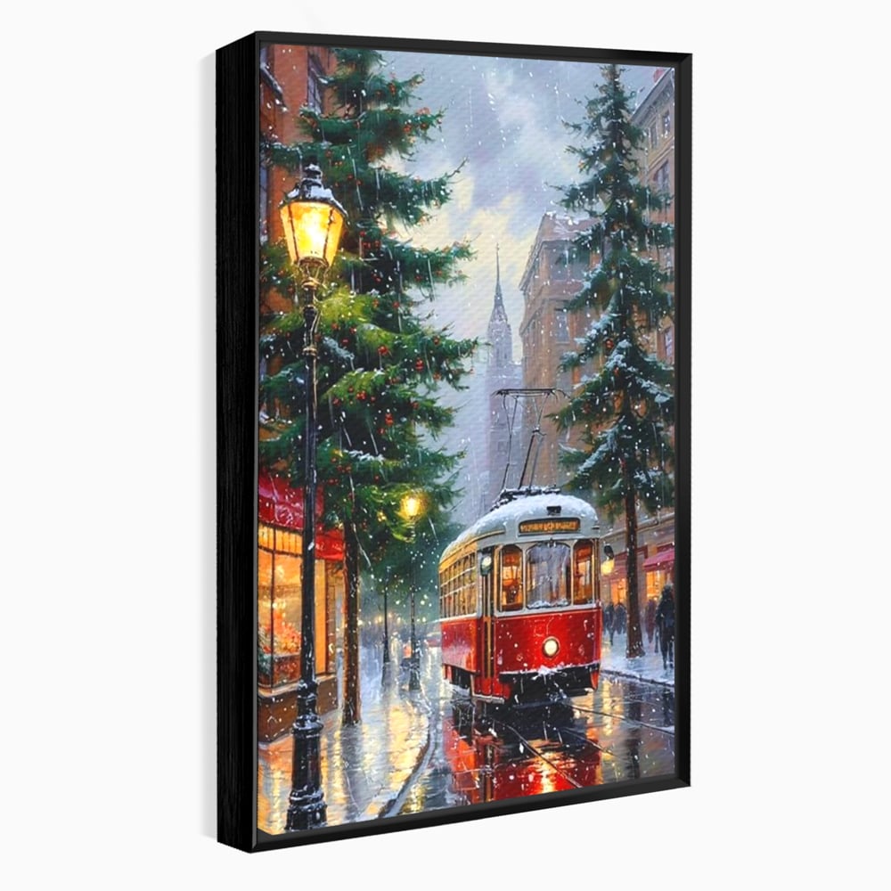 Tablou canvas cu pictura cu tramvai rosu in ninsoare, in rama de aluminiu negru